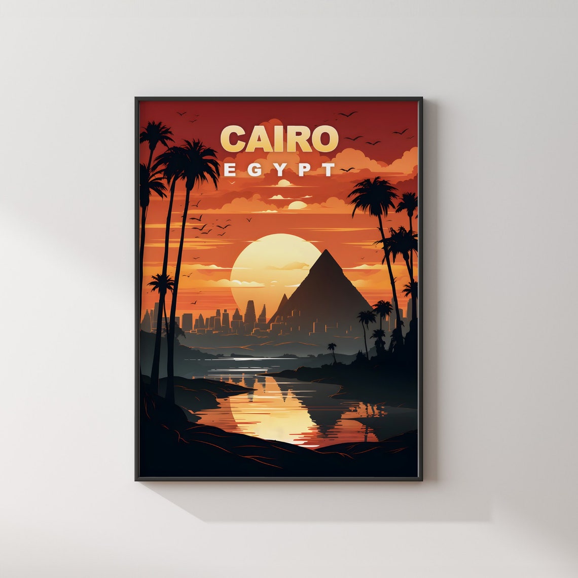 Cairo Egypt Pyramid Sunset Palm Silhouette Retro Travel Poster - Image 2