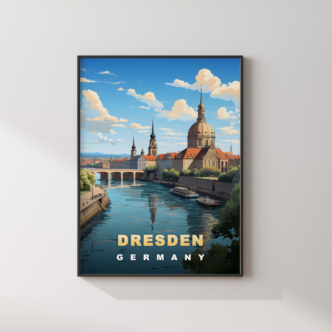 Dresden Germany Retro Travel Poster Elbe River Domes Boats Scene - Image 2