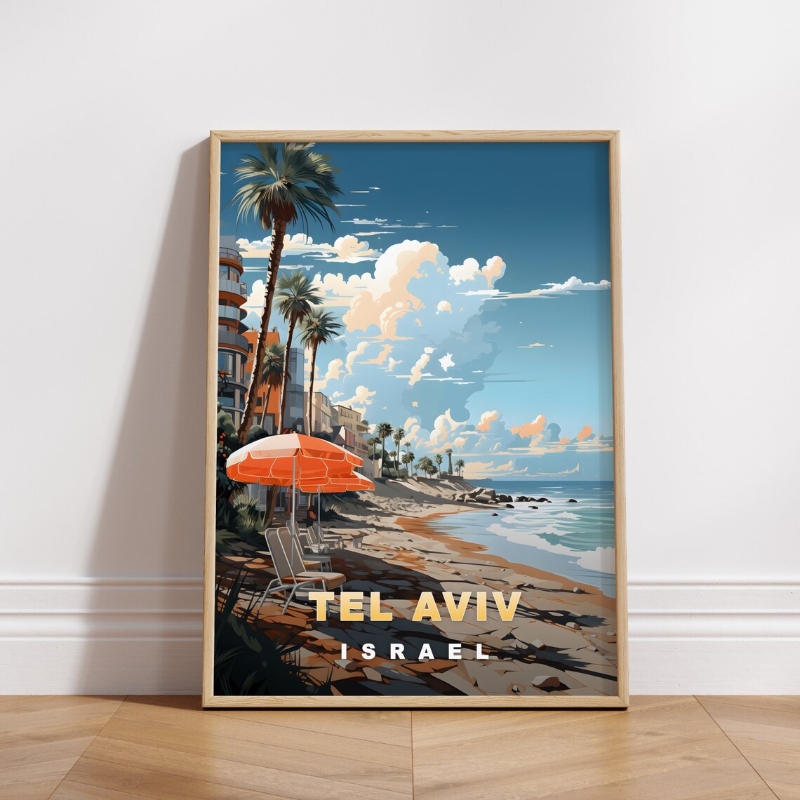 Tel Aviv Israel Palm Beach Orange Umbrellas Retro Travel Poster