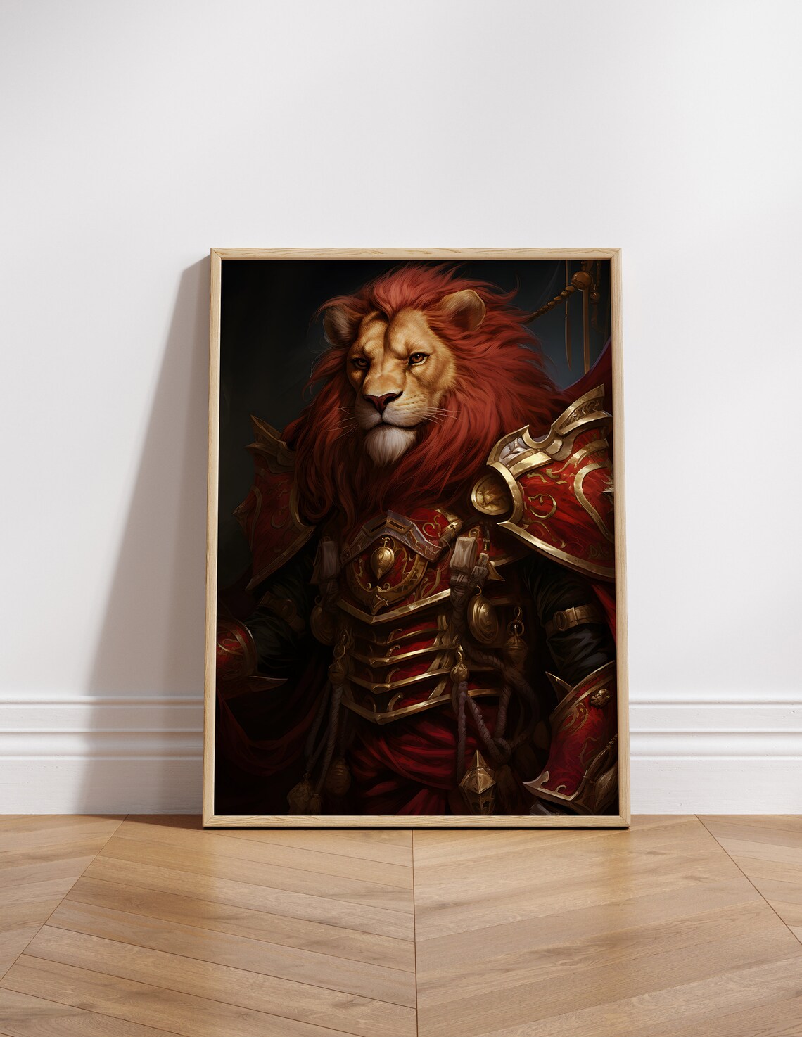 Lion Knight Red Gold Armor Majestic Fantasy Animal Art Poster