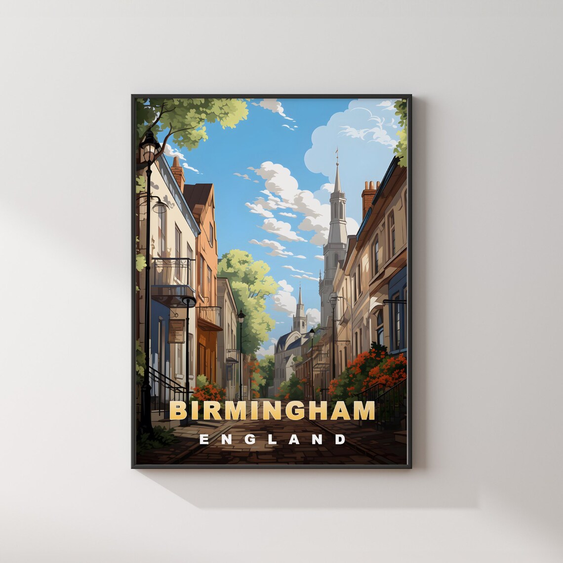 Birmingham England Cobbled Street Church Spire Blue Sky Travel Poster - Image 2