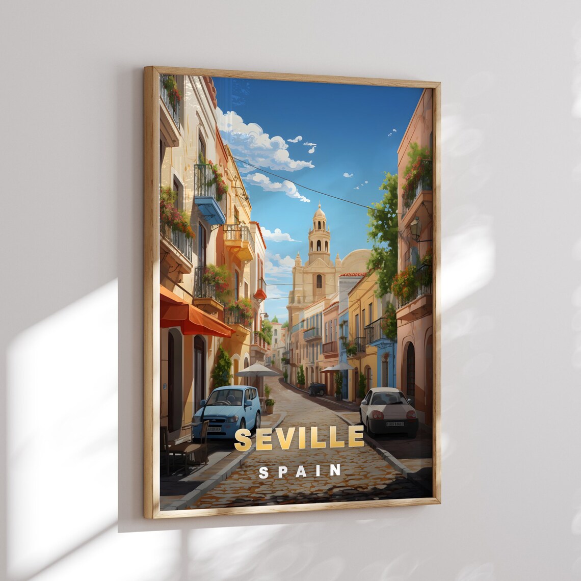 Seville Spain Vintage Cobblestone Street Flower Balcony Travel Poster - Image 2