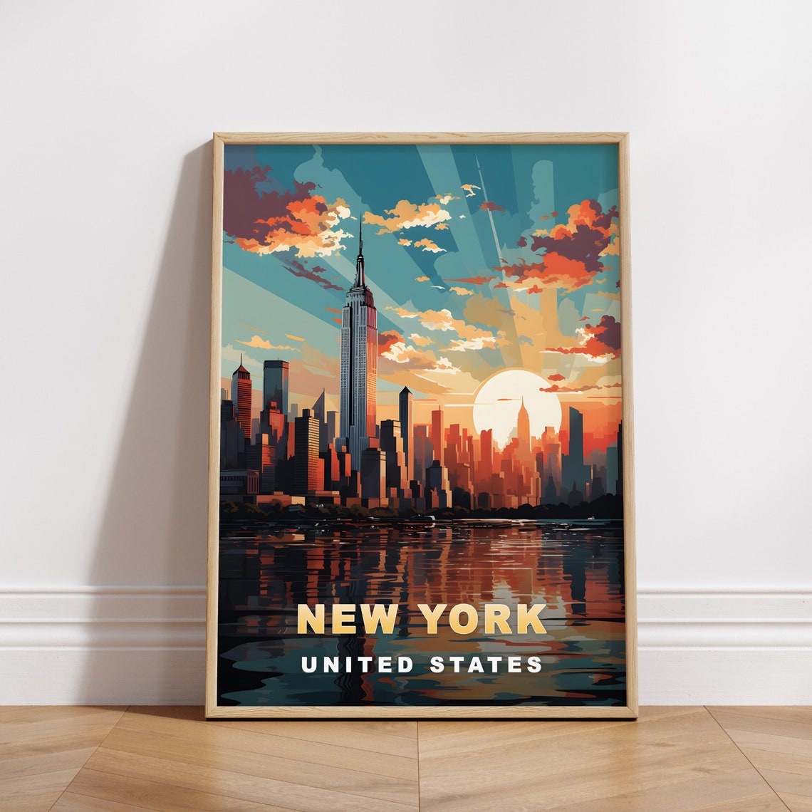 New York Skyline Empire State Sunset Over River Travel Poster