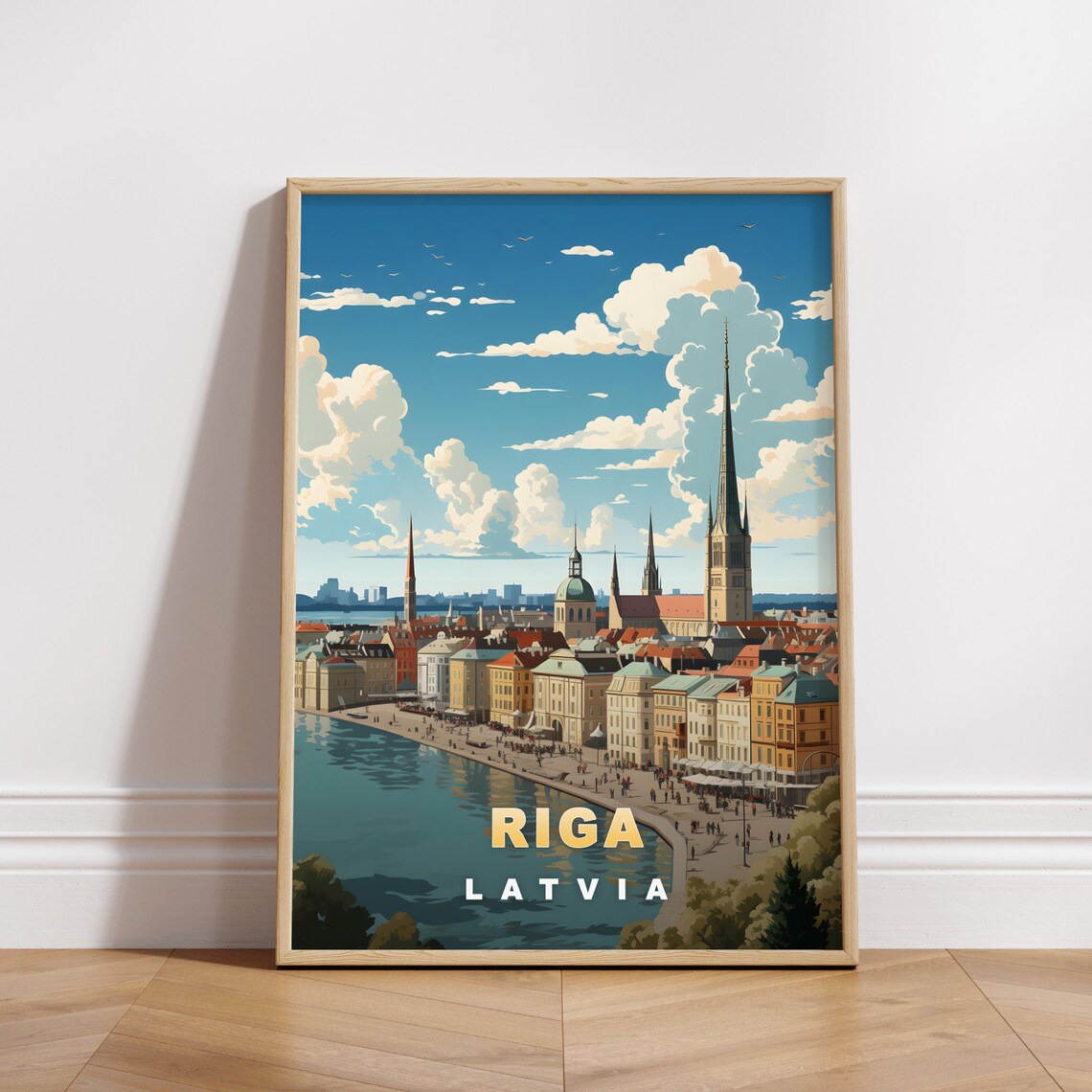 Riga Latvia Riverfront Old Town Houses Panoramic Travel Poster
