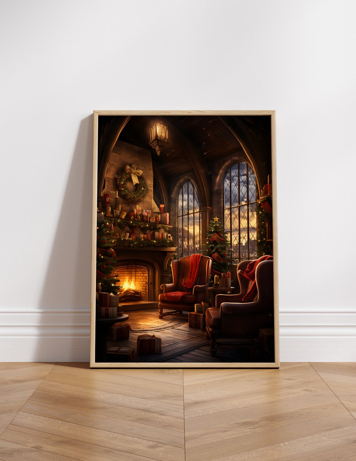 Christmas Fireplace Cozy Armchairs Wizard Common Room Poster