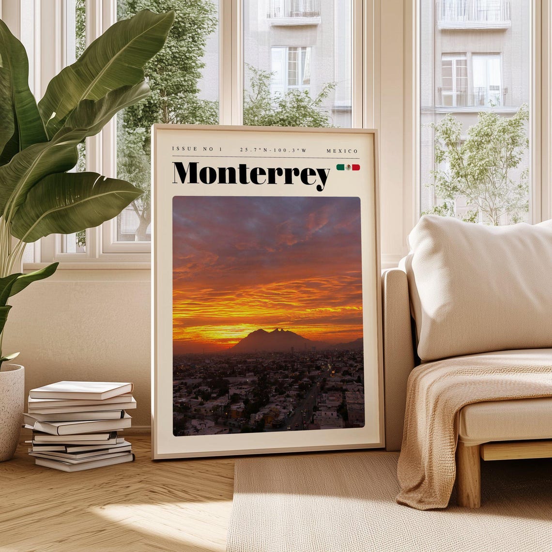 Monterrey Mexico Mountain Sunset Skyline Modern Travel Poster