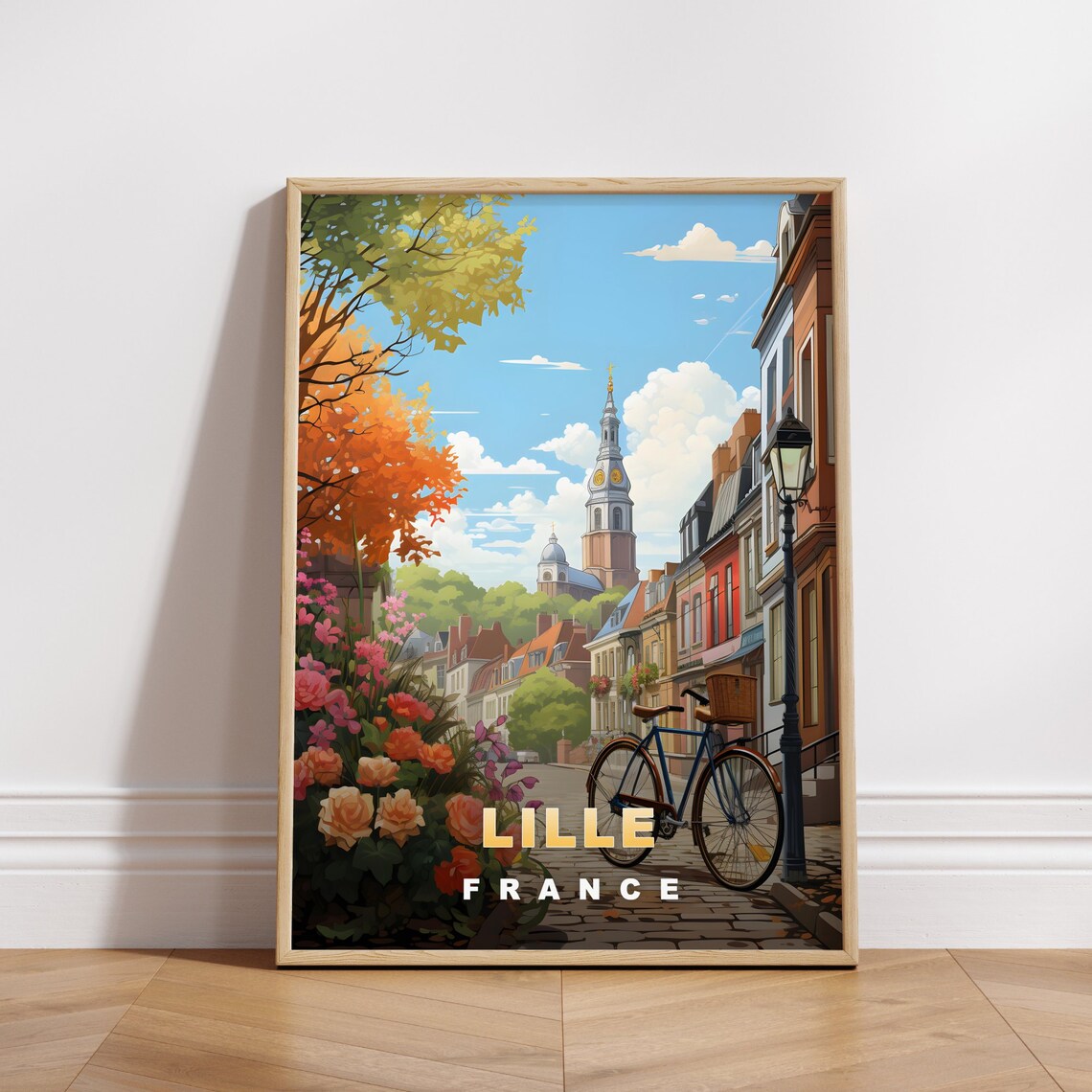 Lille France Retro Travel Poster Bicycle Cobblestone Street Flowers