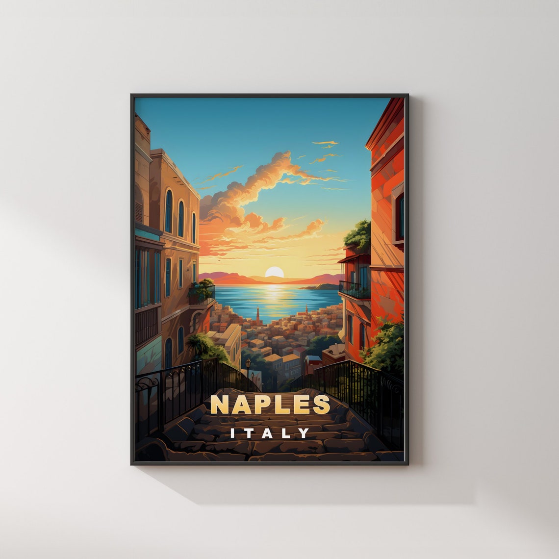 Naples Italy Retro Travel Poster Sunset Bay Stone Staircase View - Image 2