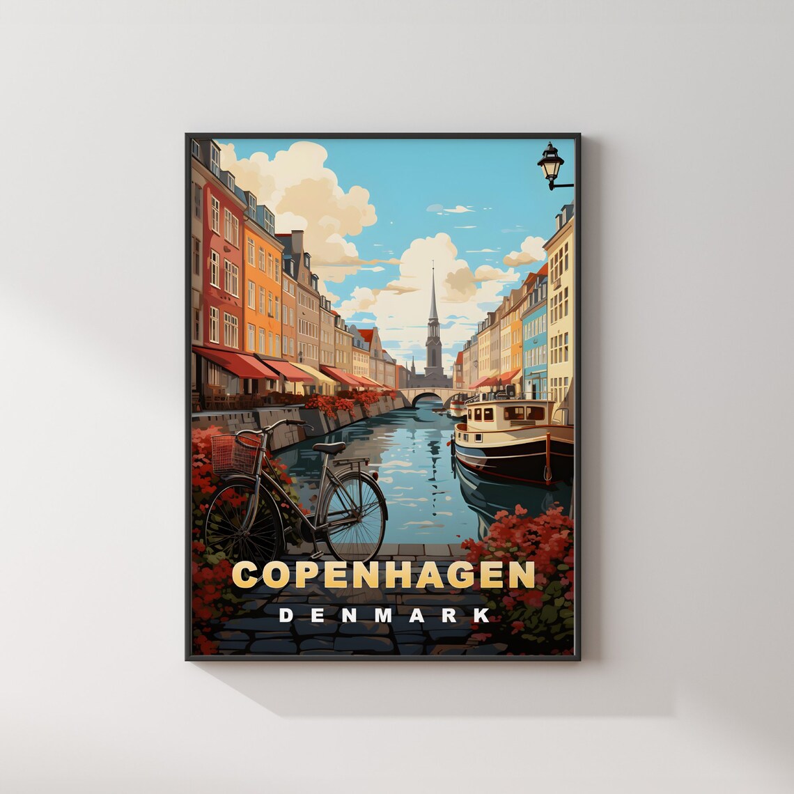 Copenhagen Denmark Canal Colorful Houses Bicycle Travel Poster - Image 2