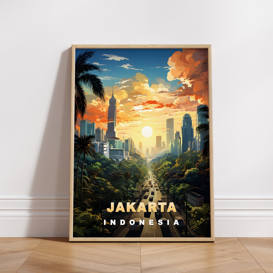 Jakarta Indonesia Palm Sunset Skyline Golden Hour Travel Poster