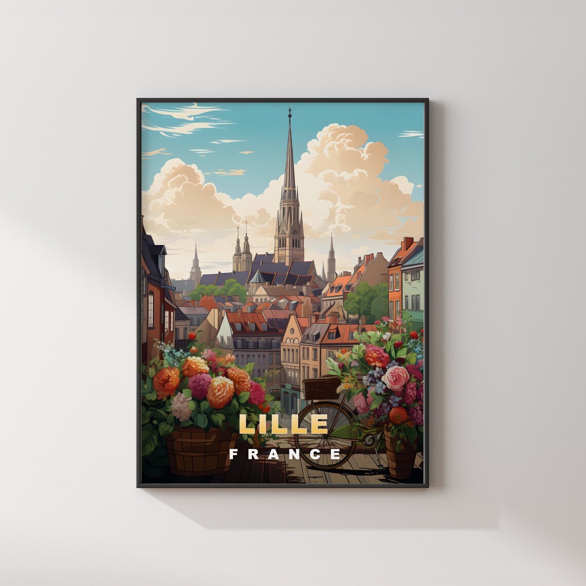 Lille France Flower Market Bicycle Church Spire Retro Travel Poster - Image 2