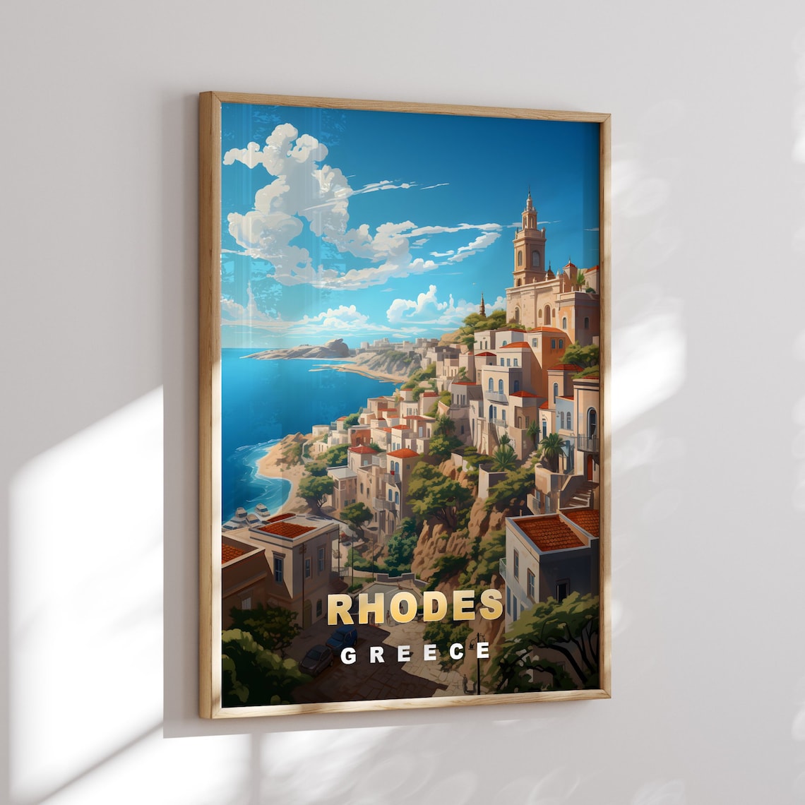 Rhodes Greece Coastal Hillside Town Aegean Sea View Vintage Poster - Image 2