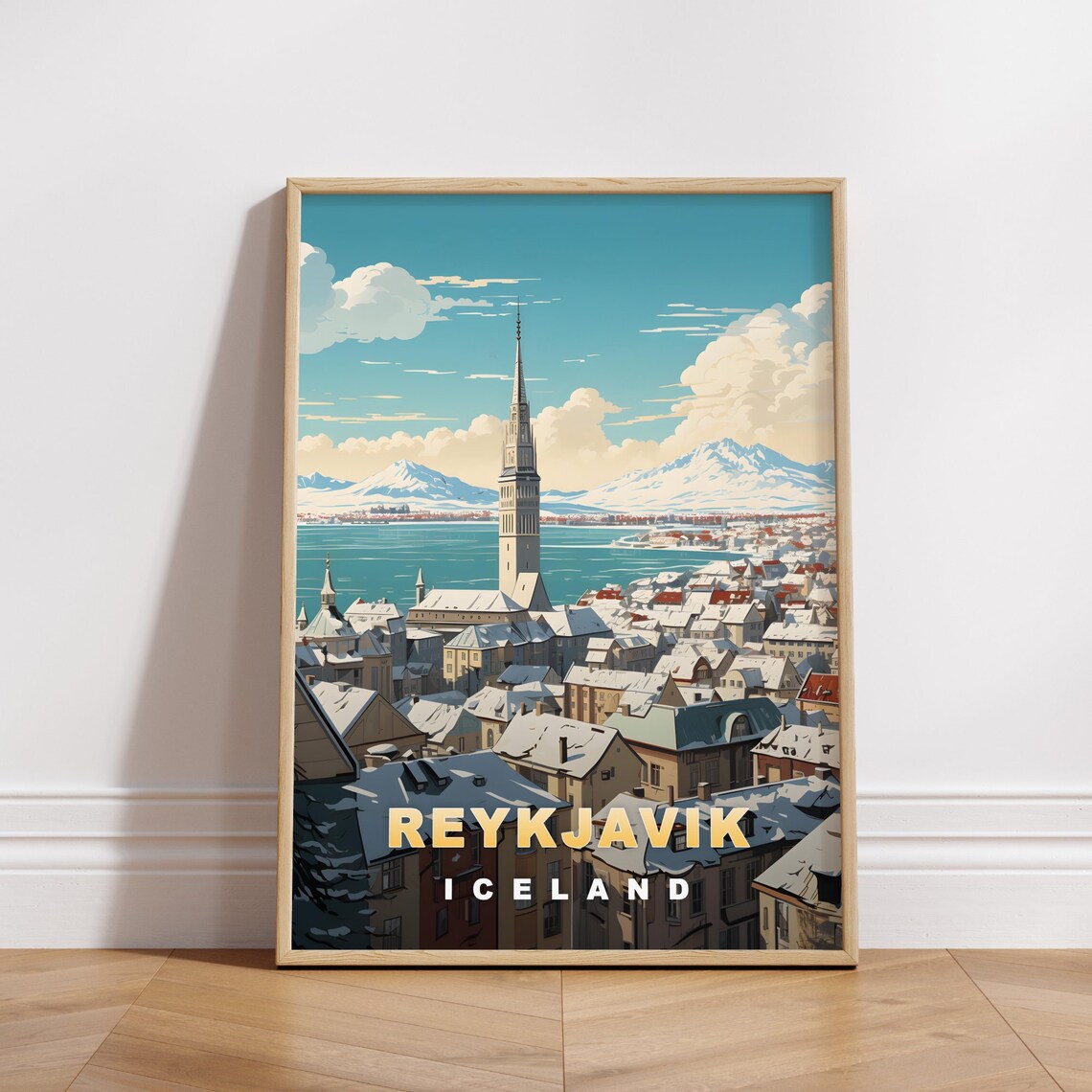 Reykjavik Iceland Snowy Rooftops Harbor Bay Winter Travel Poster