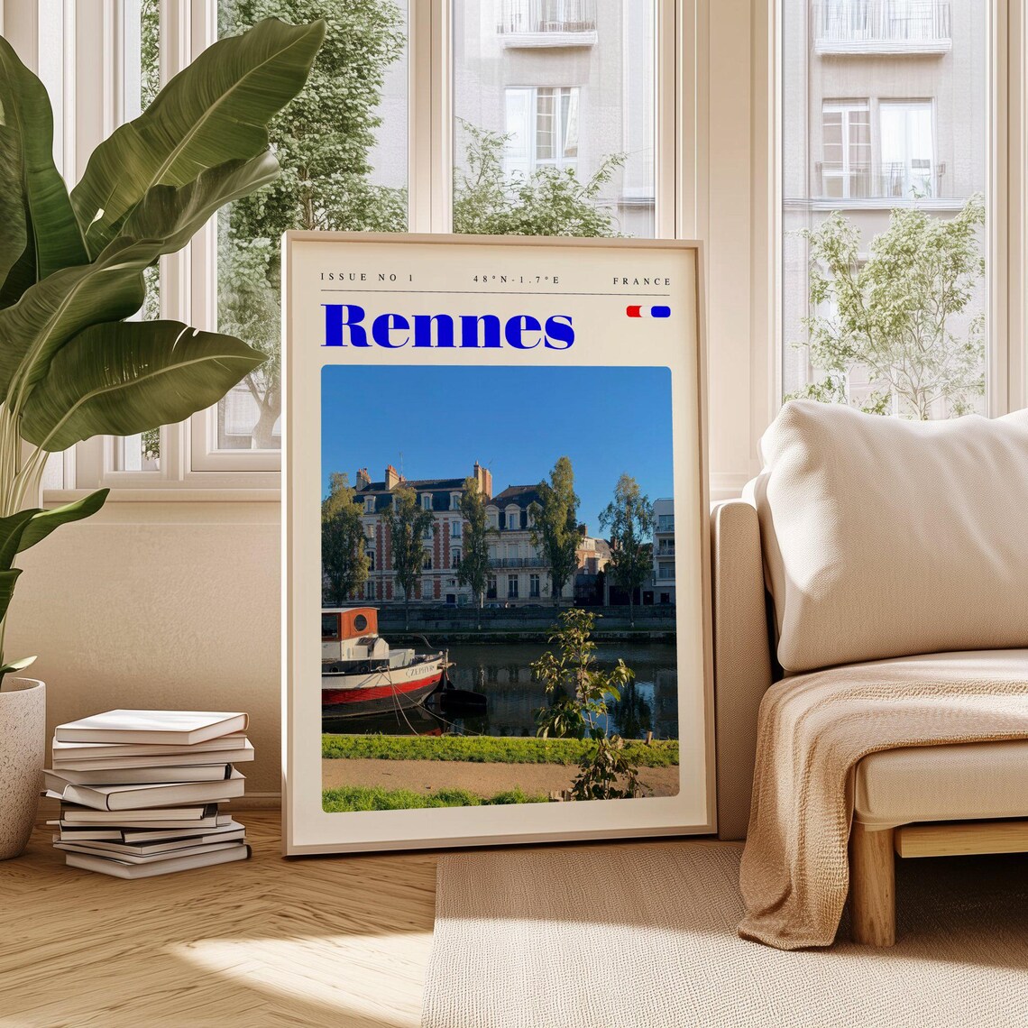 Rennes Moored Boat River Mansions France Brittany Travel Poster