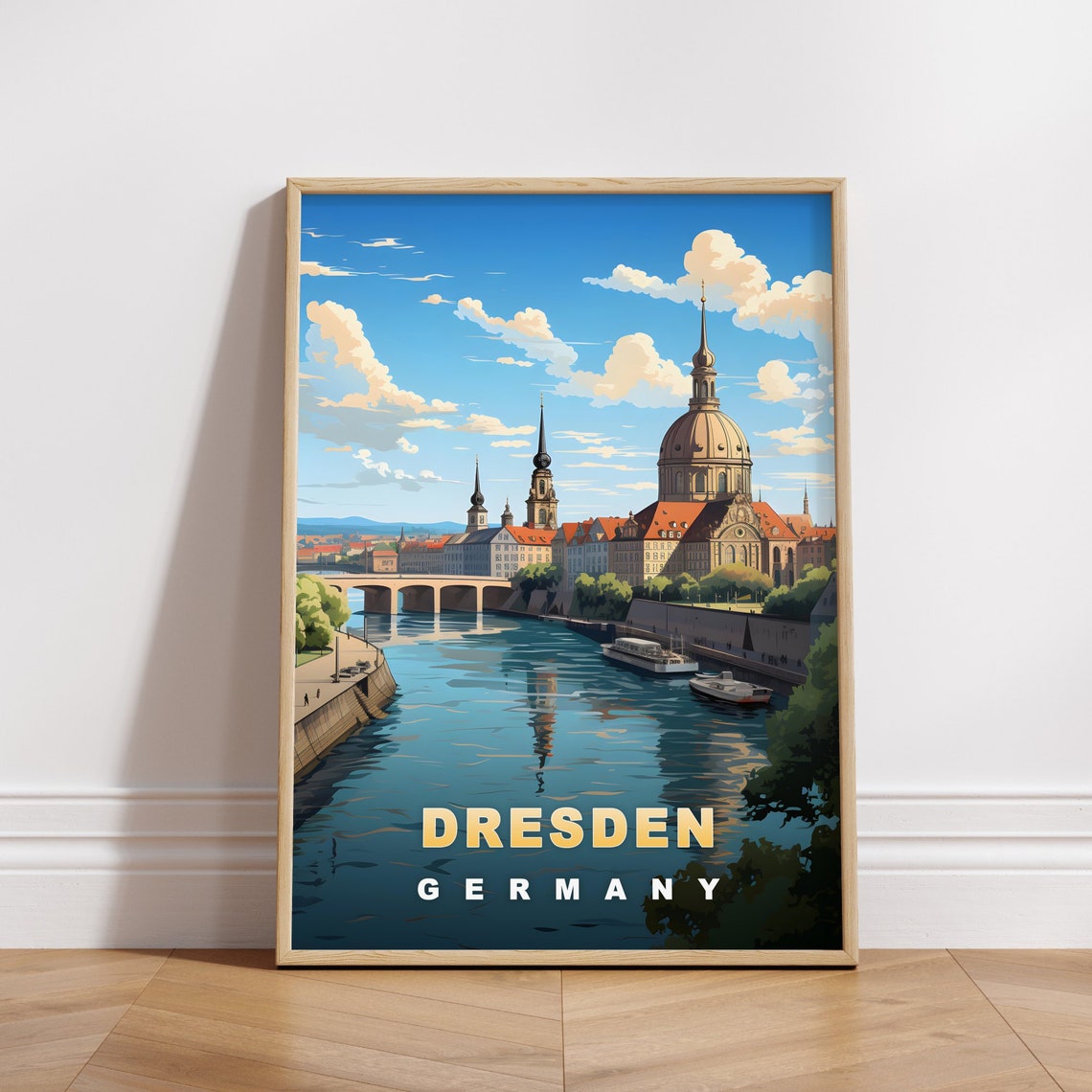 Dresden Germany Retro Travel Poster Elbe River Domes Boats Scene