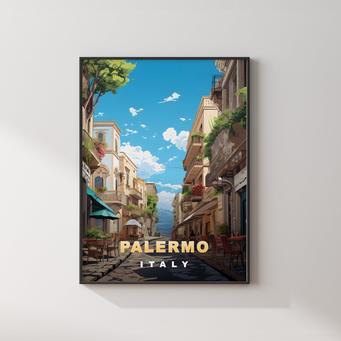 Palermo Italy Cafe Street Flower Balconies Retro Travel Poster Art - Image 2