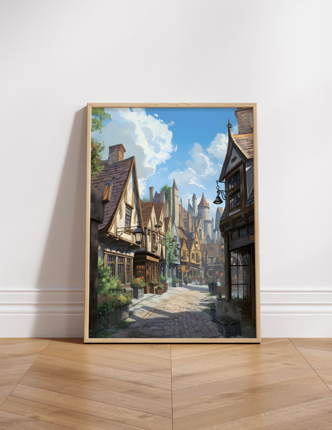Magical Wizard Village Street Summer Castle Fantasy Art Poster