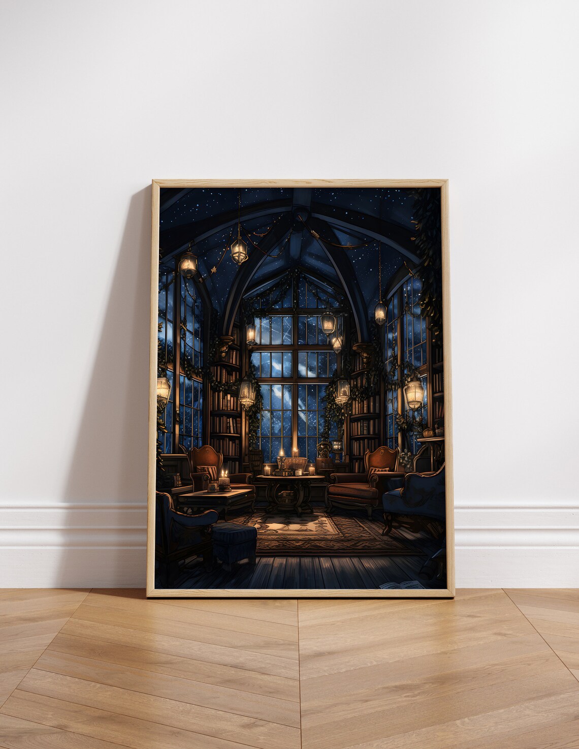 Starry Night Library Lanterns Cozy Reading Room Fantasy Art Poster