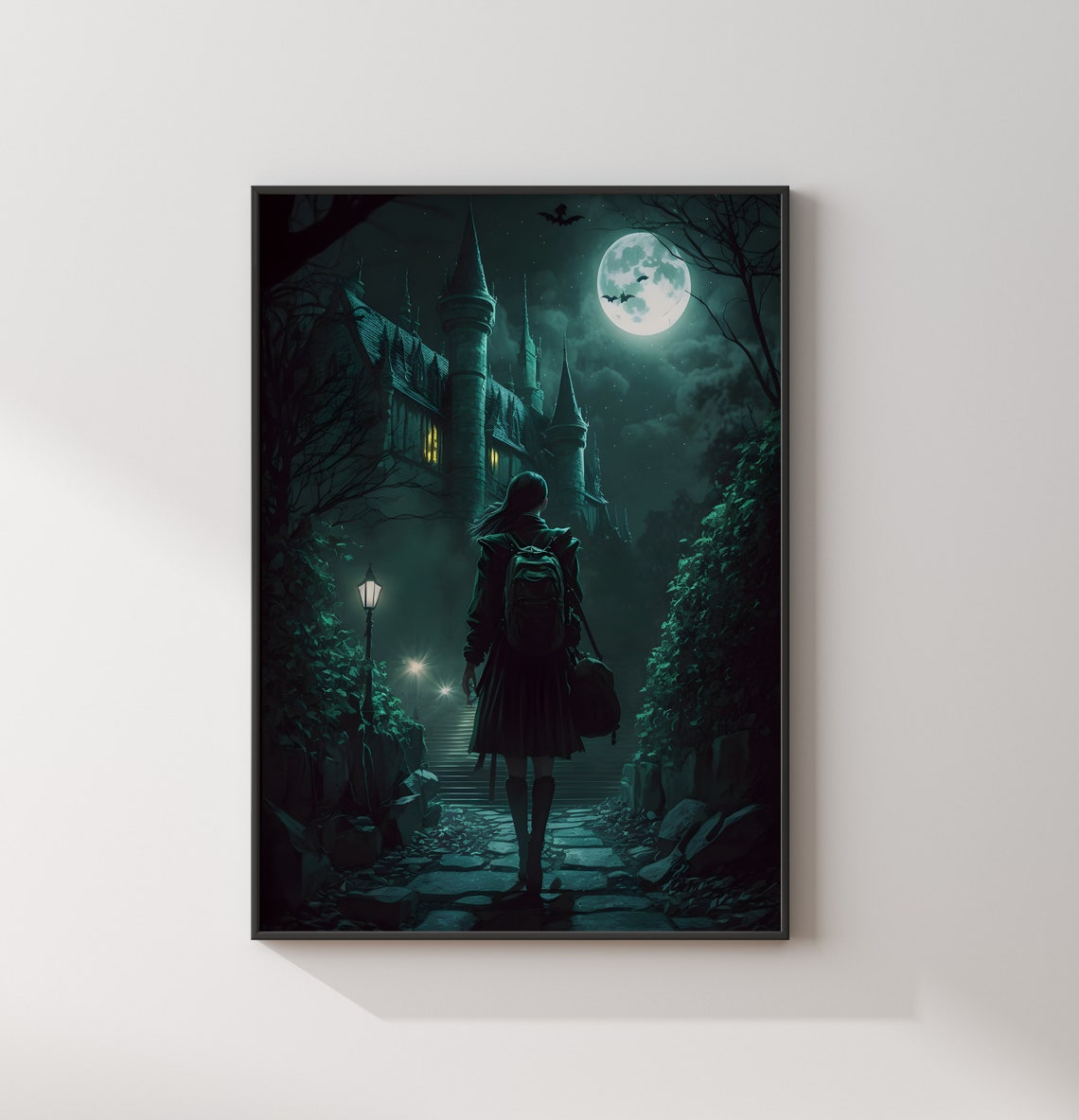 Serpent House Girl Walking to Castle Under Full Moon Night Poster - Image 2