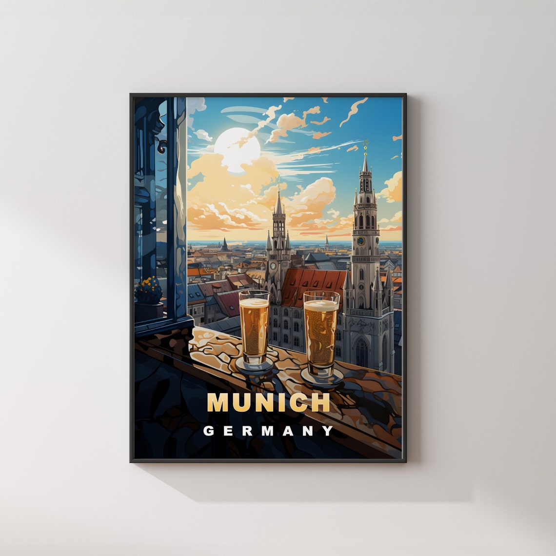 Munich Germany Beer Glasses Old Town View Retro Travel Poster - Image 2