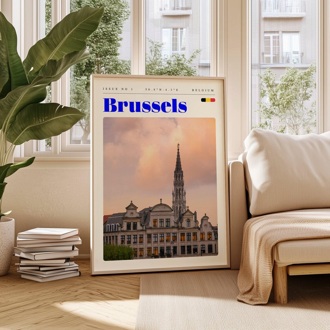Brussels Belgium Grand Place Town Hall Sunset Vintage Travel Poster