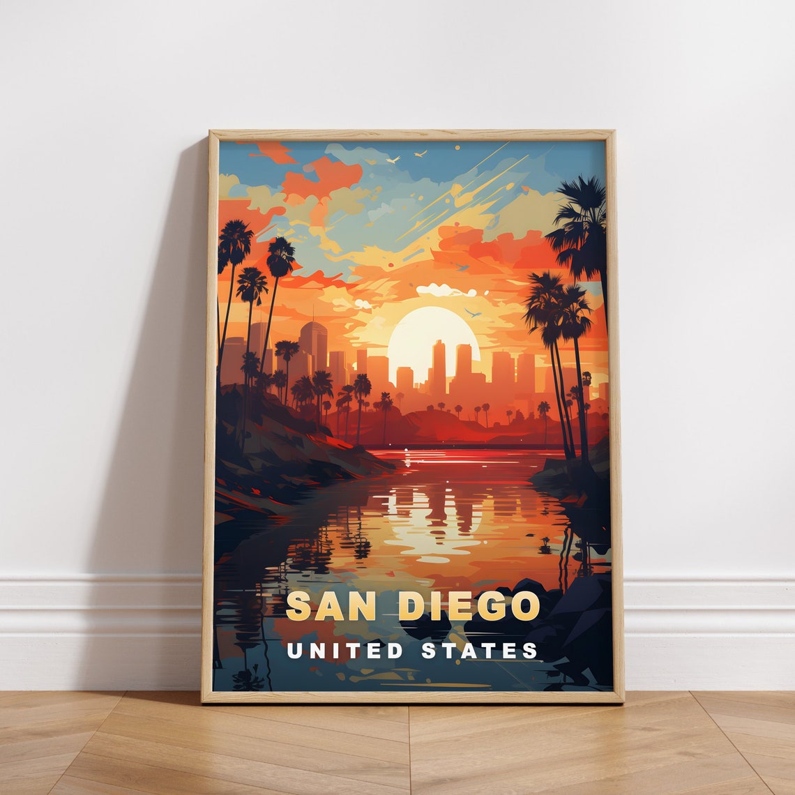 San Diego Palm Trees Sunset Bay Skyline Vintage Travel Poster