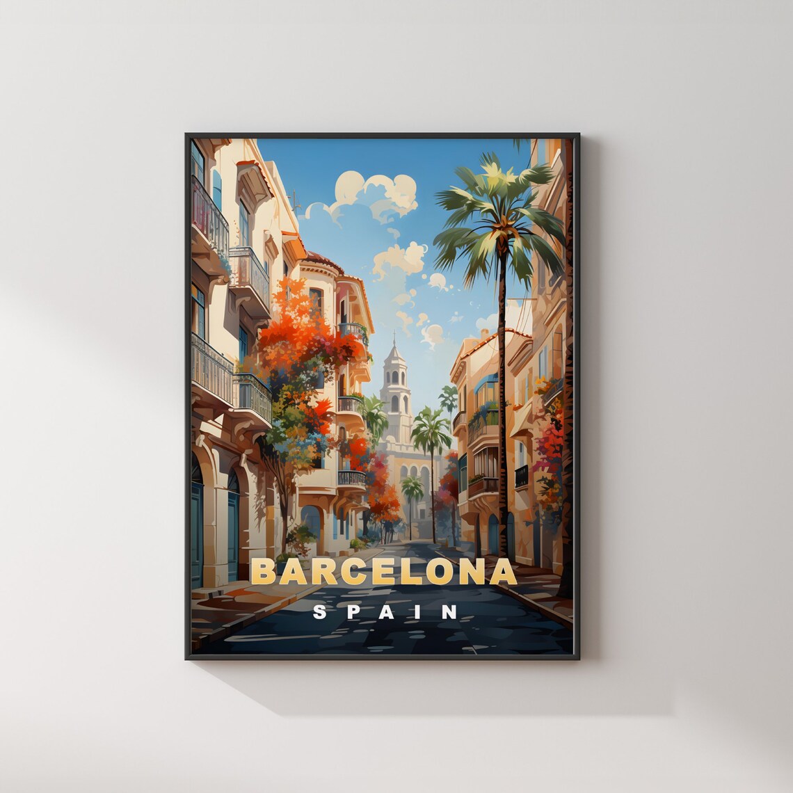 Barcelona Spain Palm Tree Street Church Tower Vintage Travel Poster - Image 2
