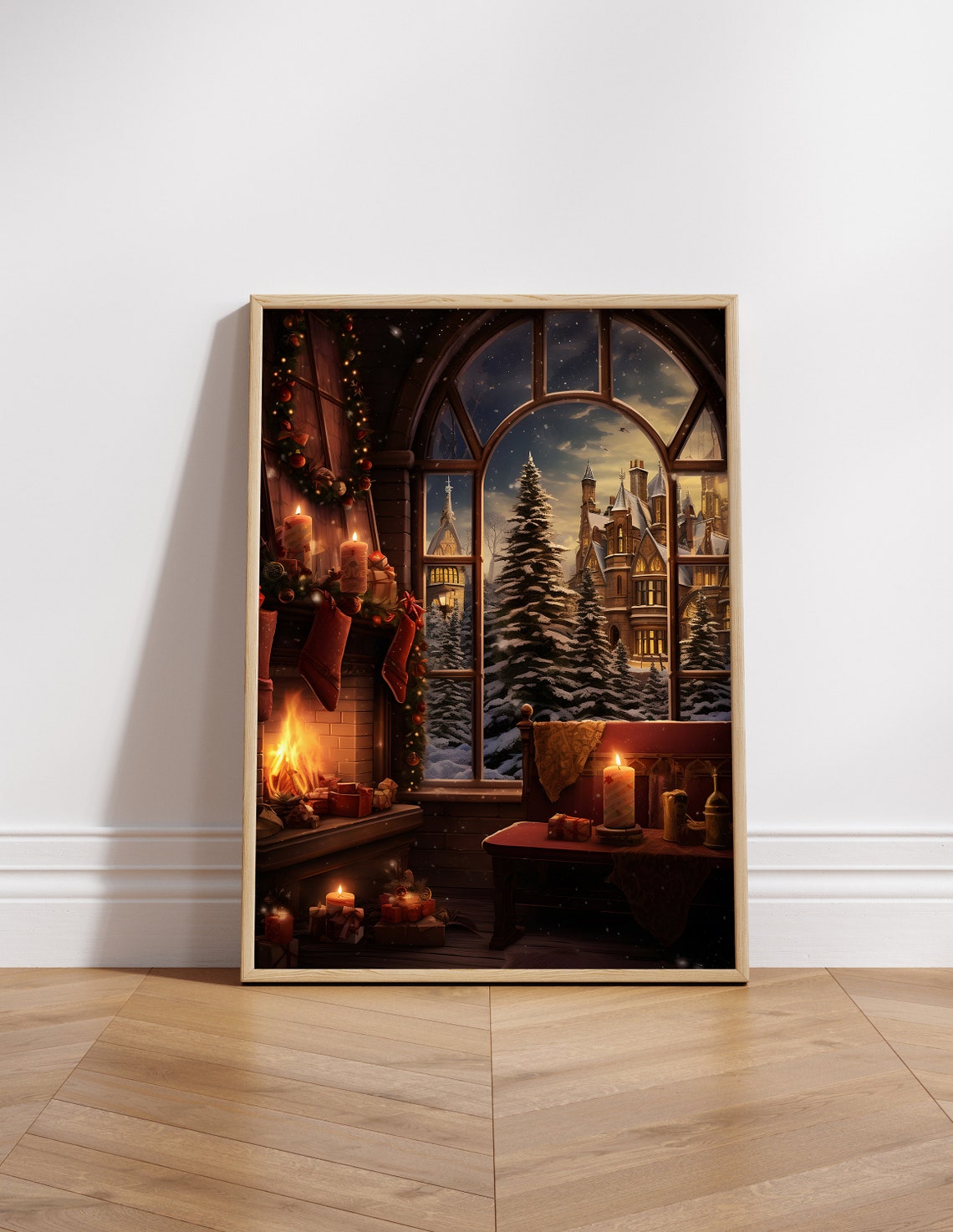 Christmas Fireplace Snowy Castle Window Cozy Holiday Art Poster