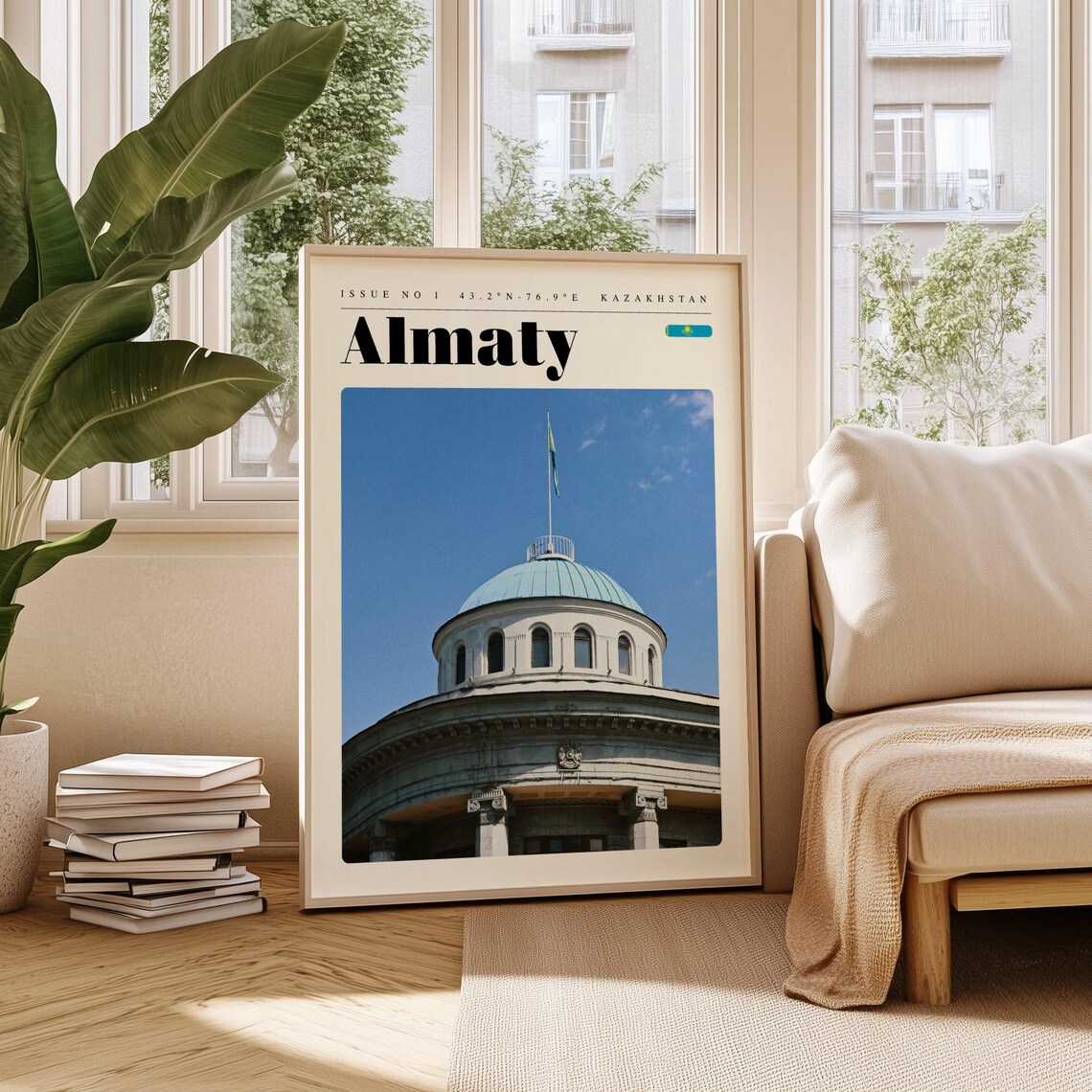 Almaty Kazakhstan Domed Building Blue Sky Flag View Travel Poster