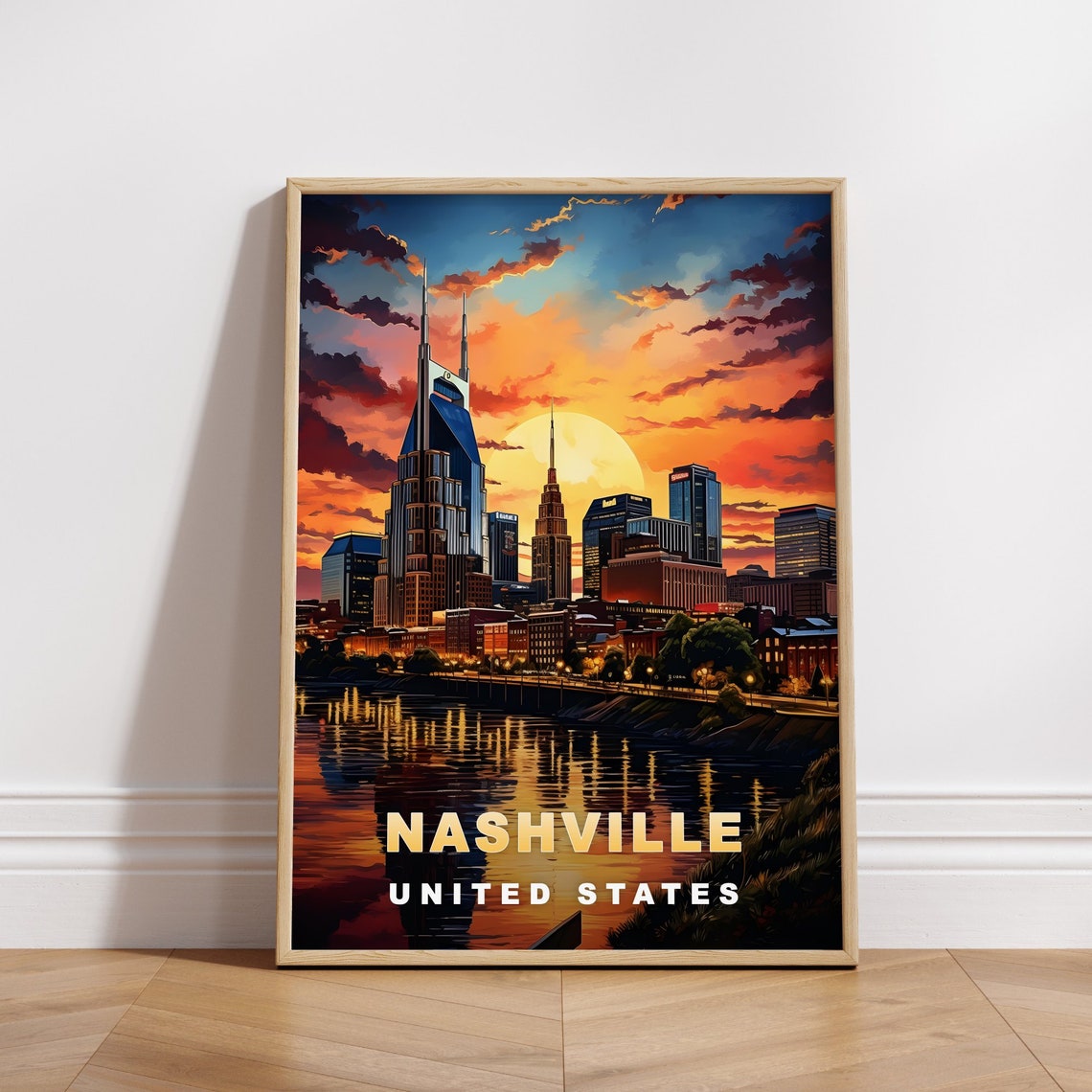 Nashville Tennessee Skyline Night River Reflection Travel Poster