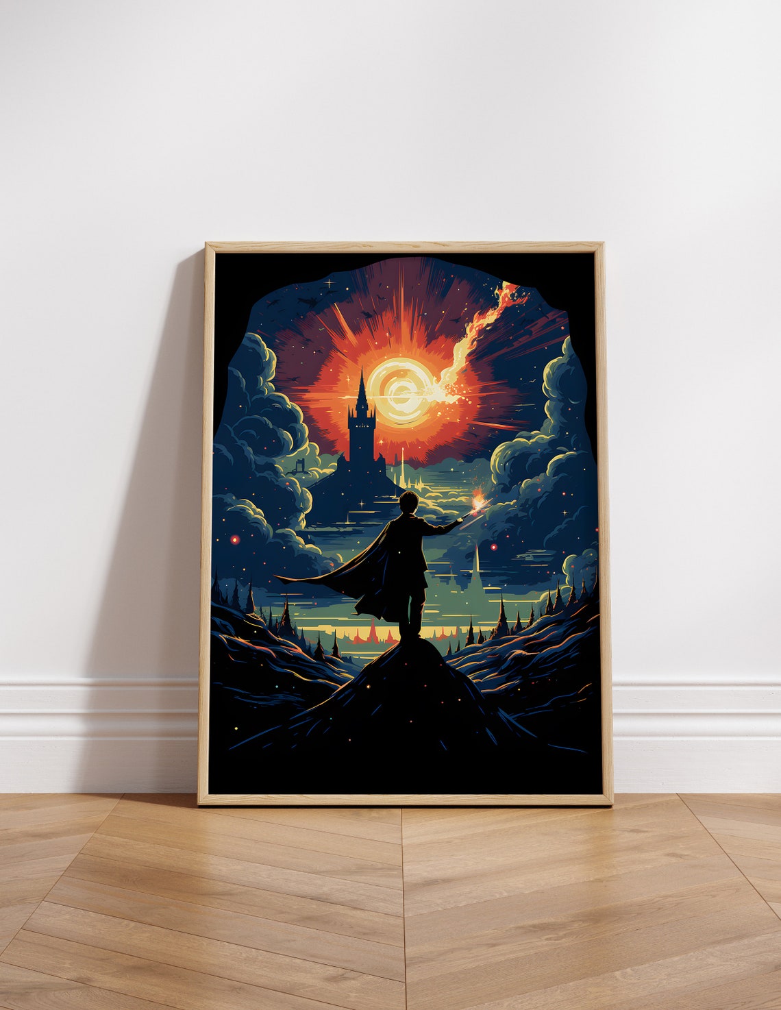 Harry Potter Silhouette Casting Spell Night Sky Wizard Poster