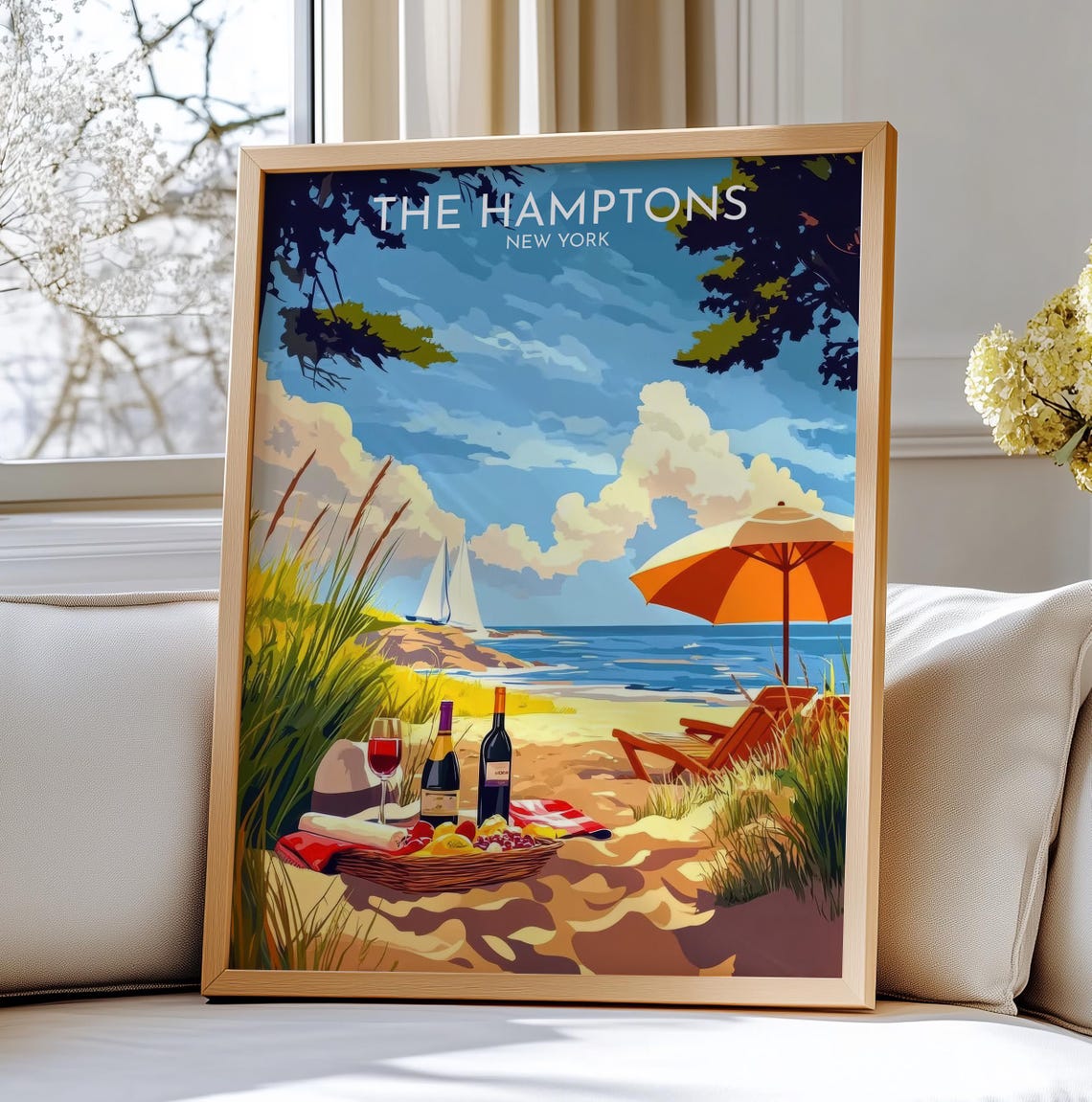 The Hamptons New York Beach Picnic Wine Ocean Scene Travel Poster