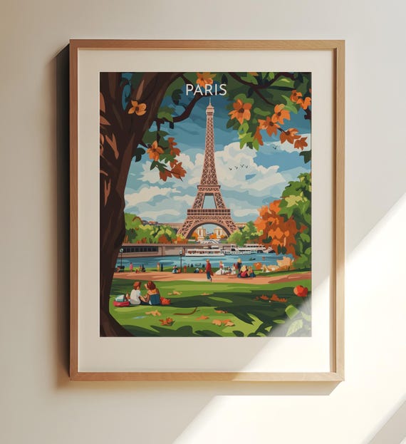 Paris France Travel Art Wall Print Eiffel Tower In Autumn Scene