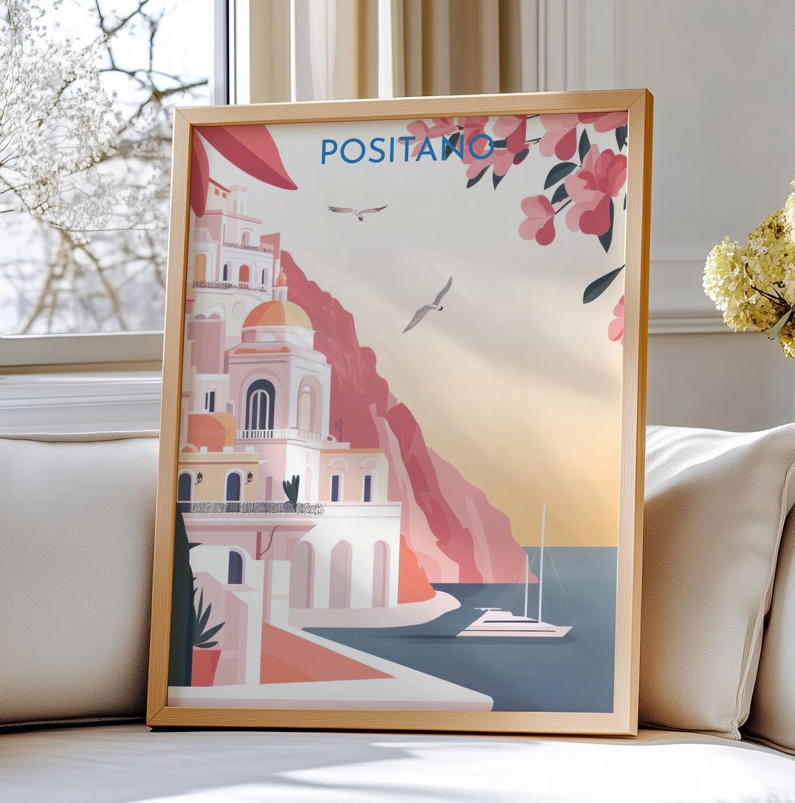 Positano Amalfi Coast Church Sailboat Seagulls Floral Travel Poster