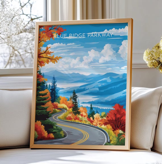 Blue Ridge Parkway Usa Travel Art Wall Print Vibrant Autumn Roadway Landscape