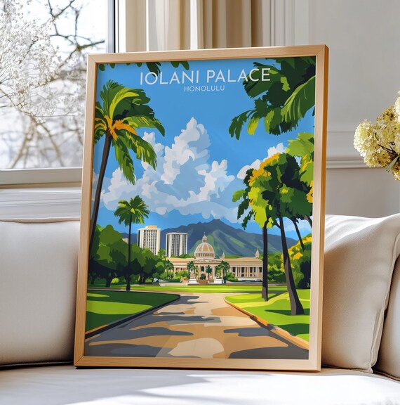 Iolani Palace Honolulu Hawaii Travel Illustration Landmark Poster