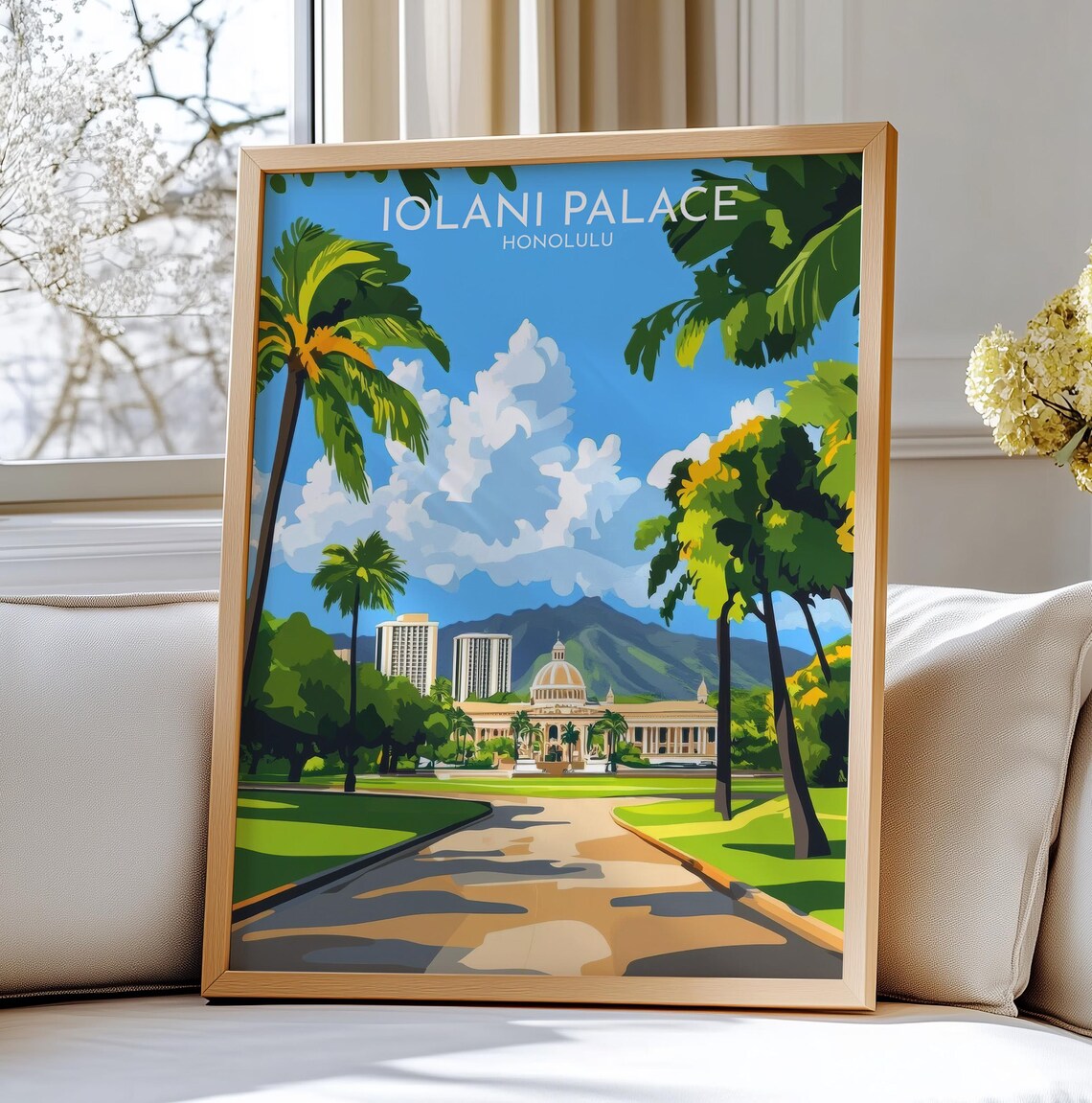 Iolani Palace Honolulu Hawaii Travel Illustration Landmark Poster