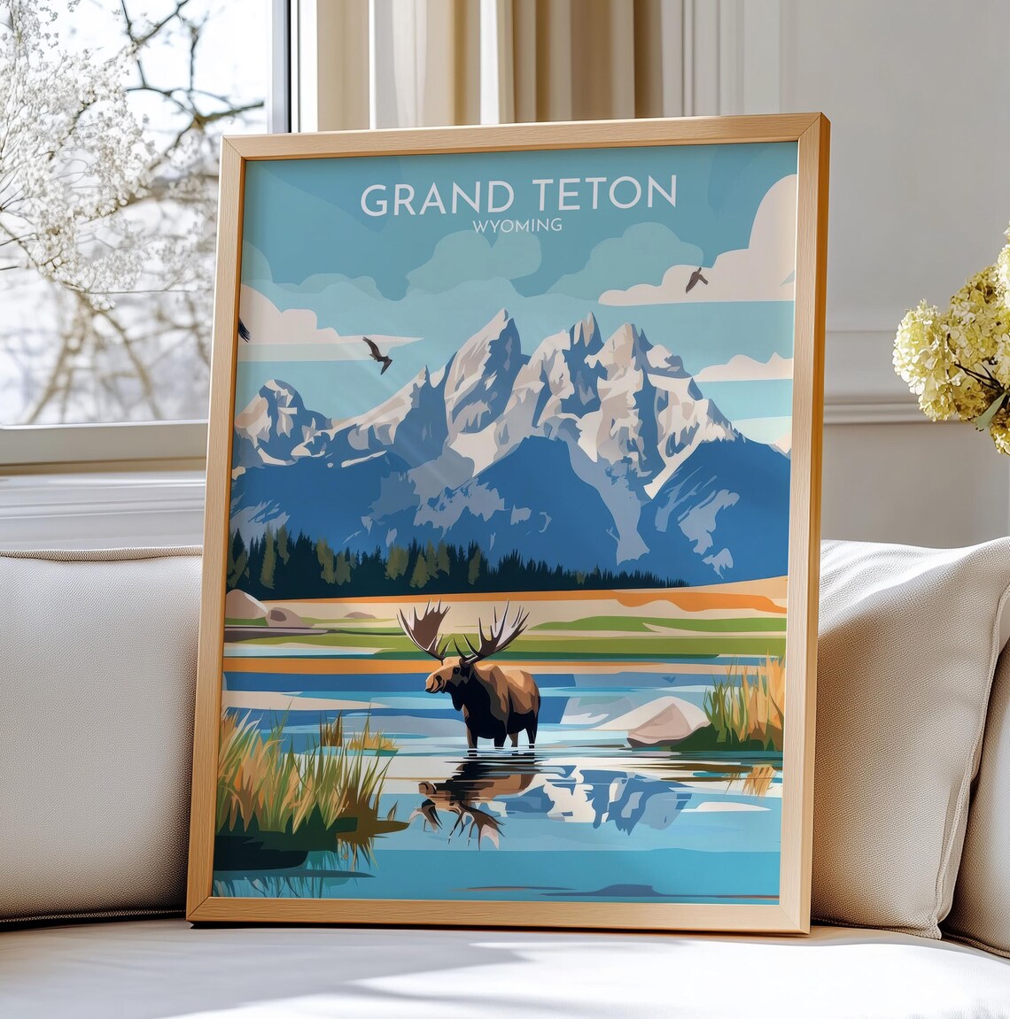 Grand Teton Wyoming Moose Mountain Lake Vintage Travel Poster