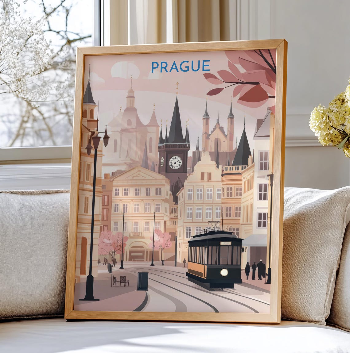 Prague Czech Republic Vintage Tram Clock Tower Street Art Poster