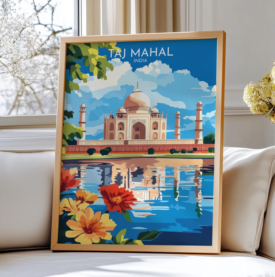 Taj Mahal India Water Reflection Flowers Scenic Travel Poster