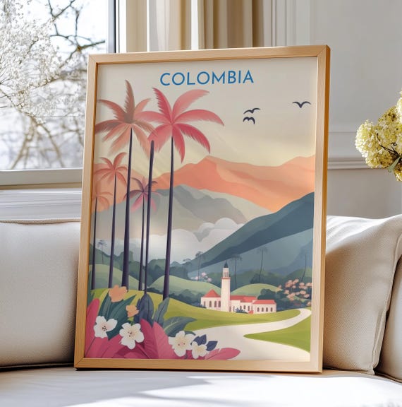 Colombia Wall Print Travel Art Scenic Palm Trees And Mountains Landscape