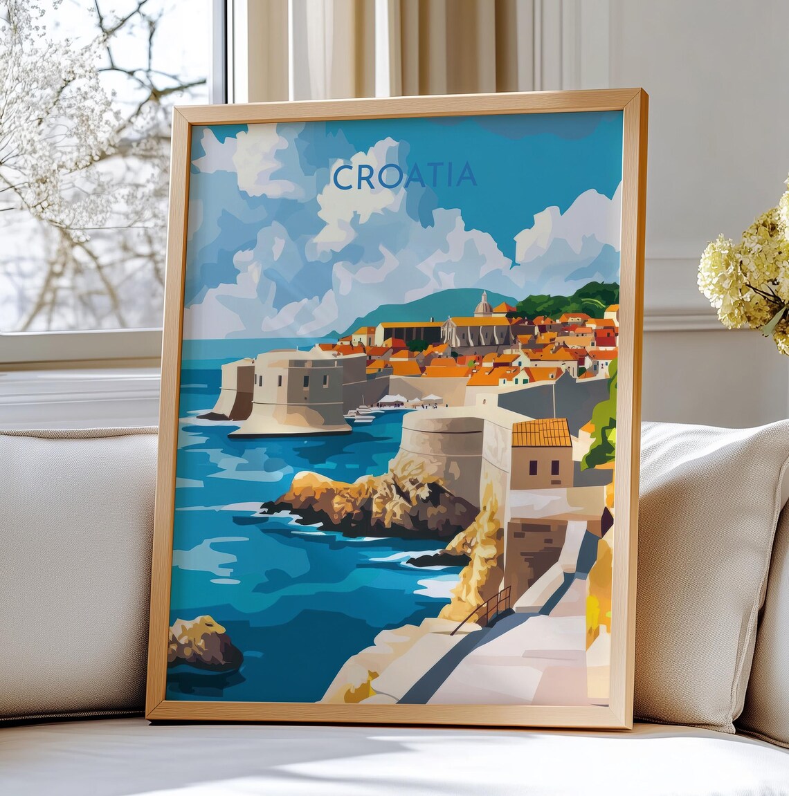 Dubrovnik Croatia Travel Poster with Old Town Walls and Blue Sea