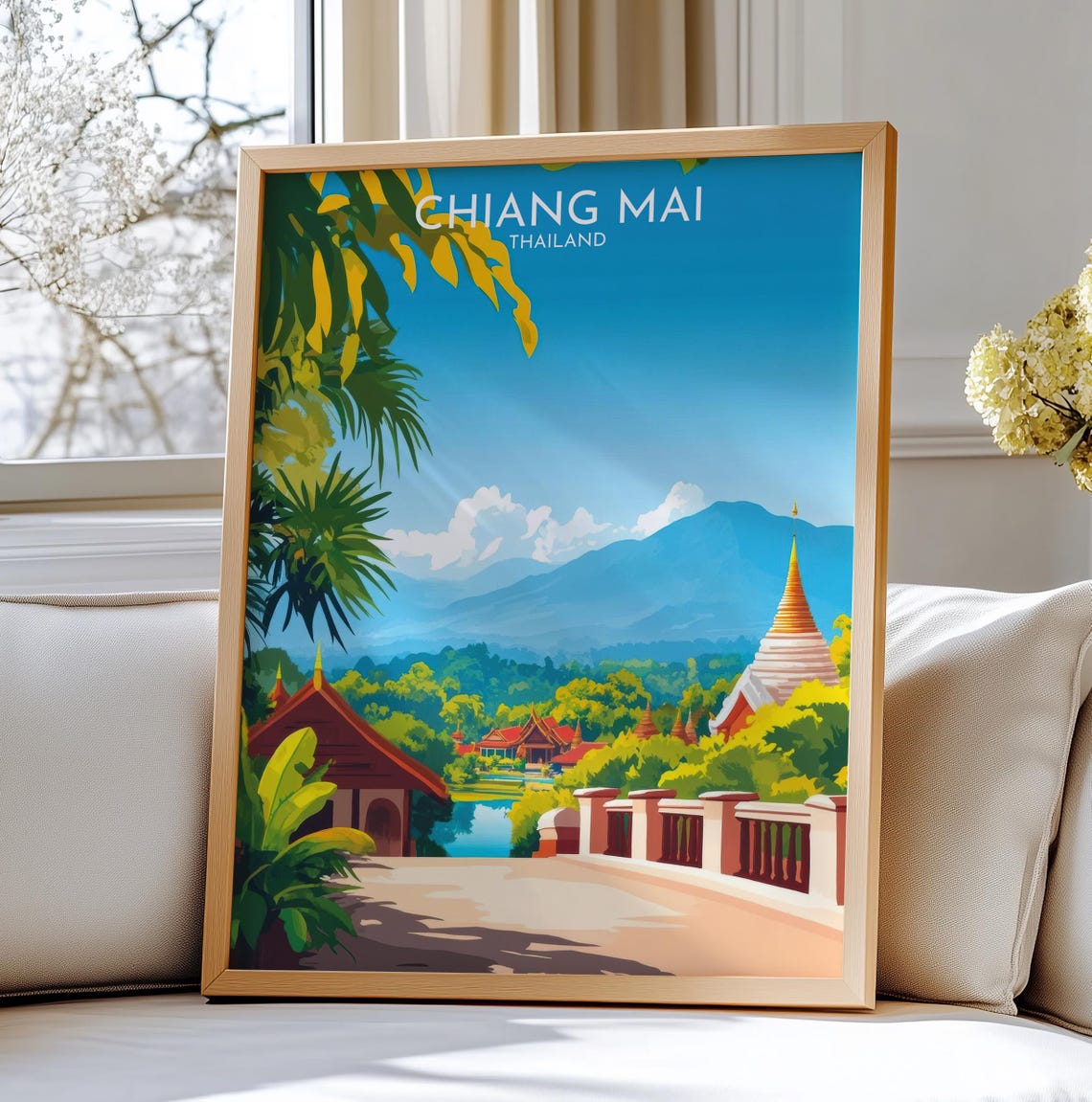 Chiang Mai Thailand Golden Temples Before Blue Mountains Poster