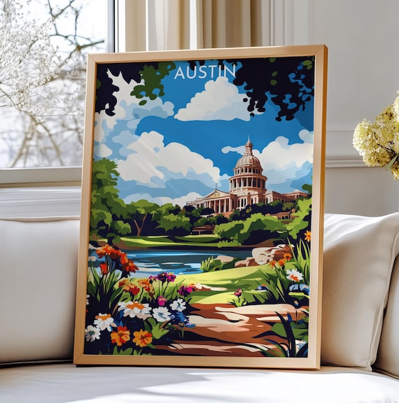 Austin Texas State Capitol Travel Poster Wildflower Garden Illustration