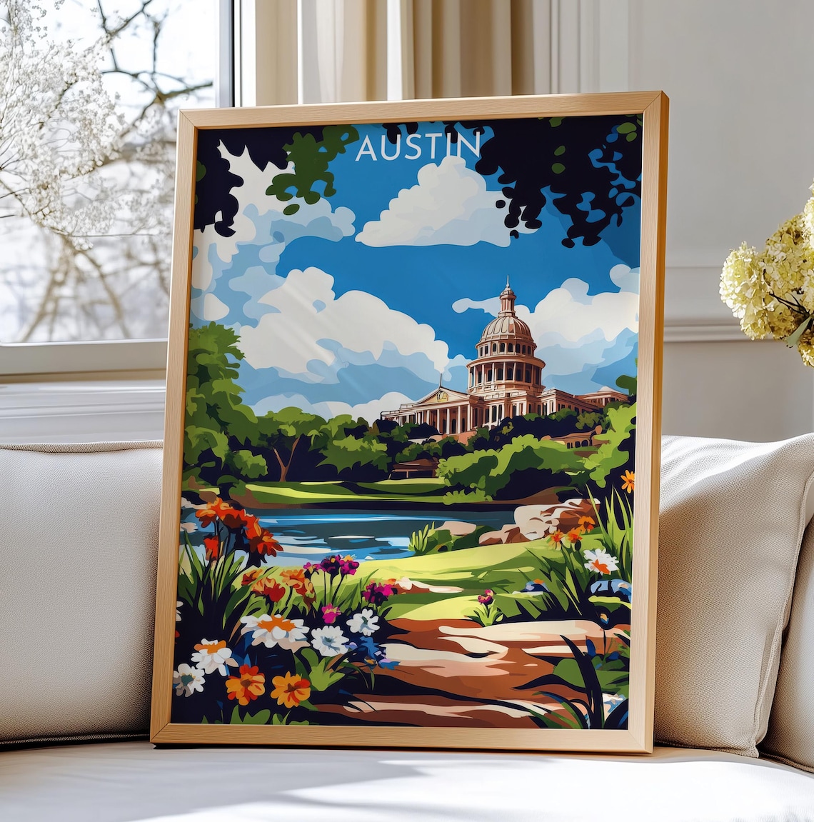 Austin Texas State Capitol Travel Poster Wildflower Garden Illustration