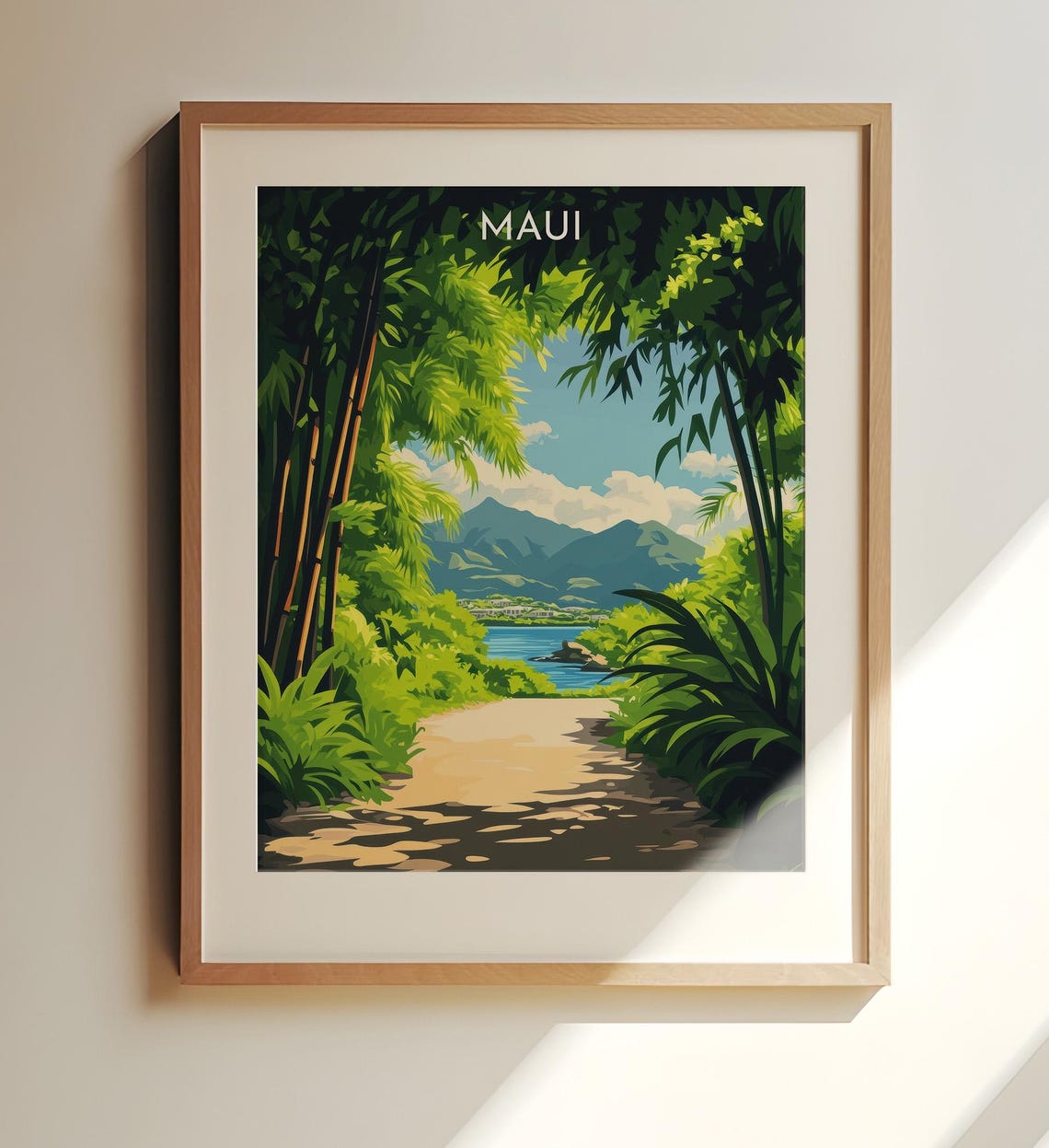 Maui Hawaii Tropical Bamboo Path Beach Vintage Travel Poster