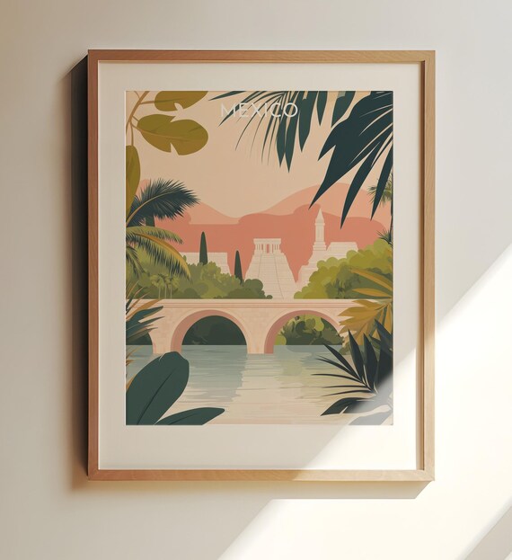 Mexico Mayan Pyramid Jungle River Bridge Retro Travel Poster