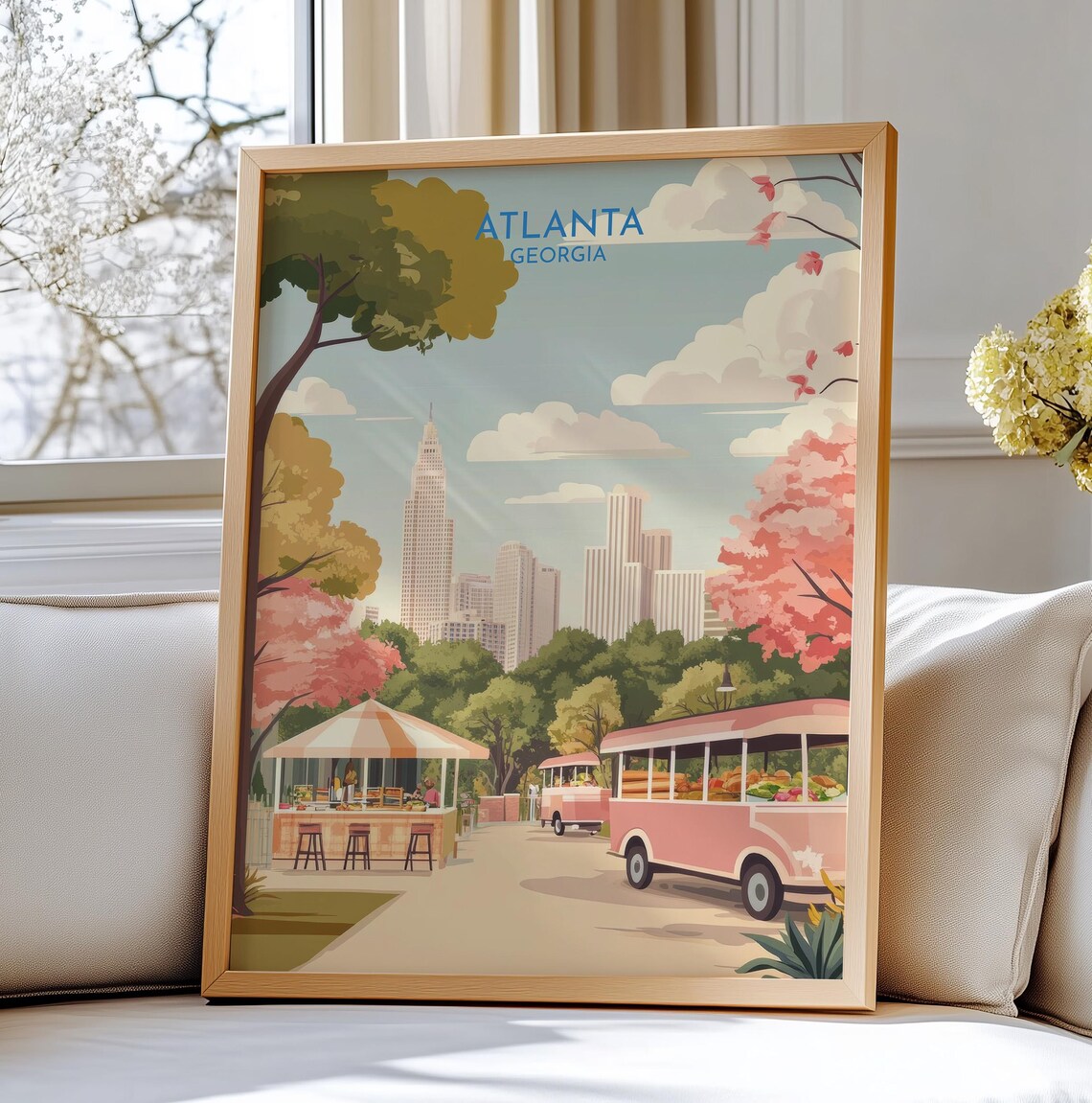 Atlanta Georgia Park Travel Poster Pink Blossoms Skyline Food Trucks
