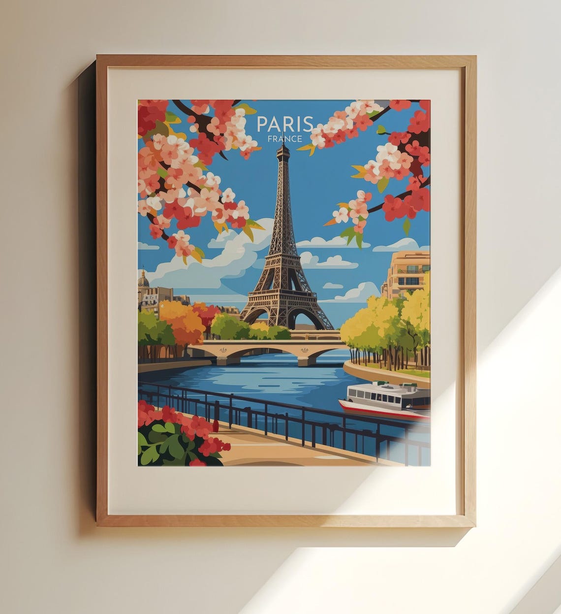 Paris France Eiffel Tower Seine Spring Blossom Travel Poster