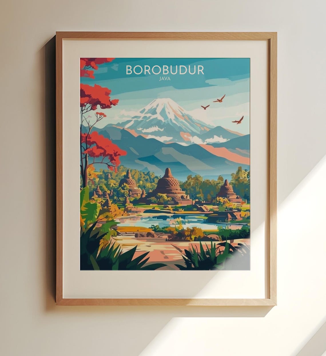 Borobudur Java Ancient Temples Volcano View Travel Art Poster
